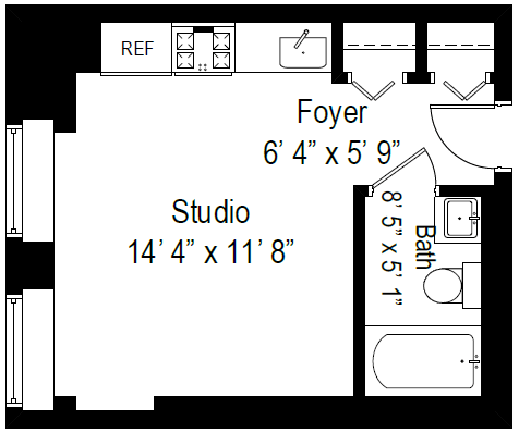 Floor plan for studio, 1 bath, 261 sqft